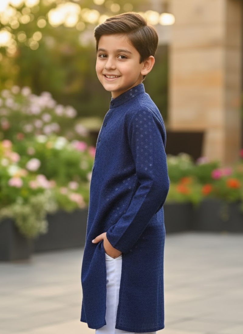 Navy Blue Kids Kurta Pajama – Festive Silk Kurta with Cotton Pyjama