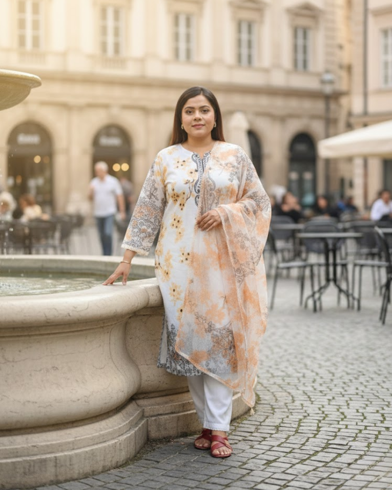 White & Orange Organza Salwar Suit – Floral Print & Pipe Work