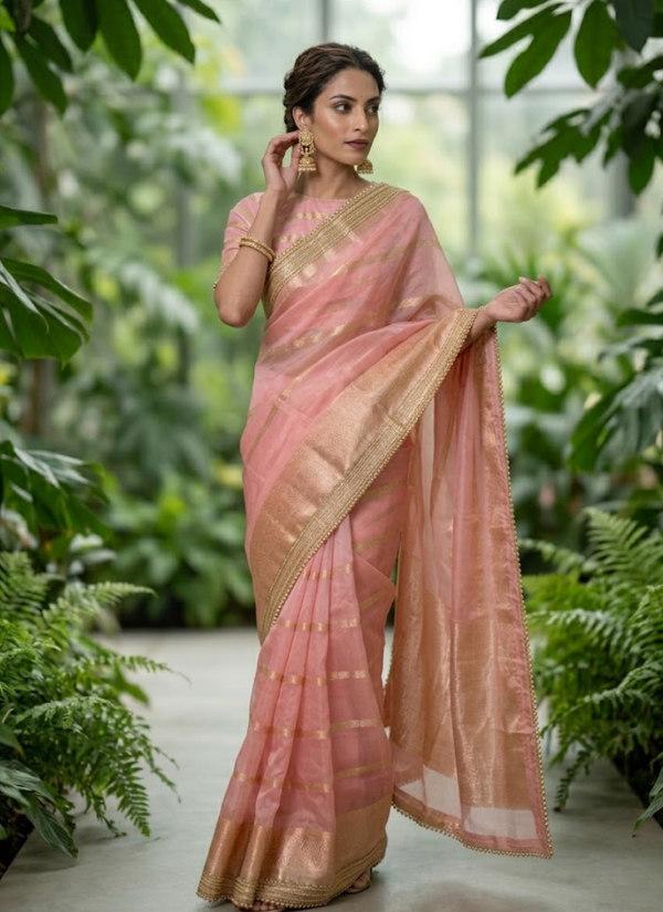 Pink Banarasi Organza Saree with Blouse Piece