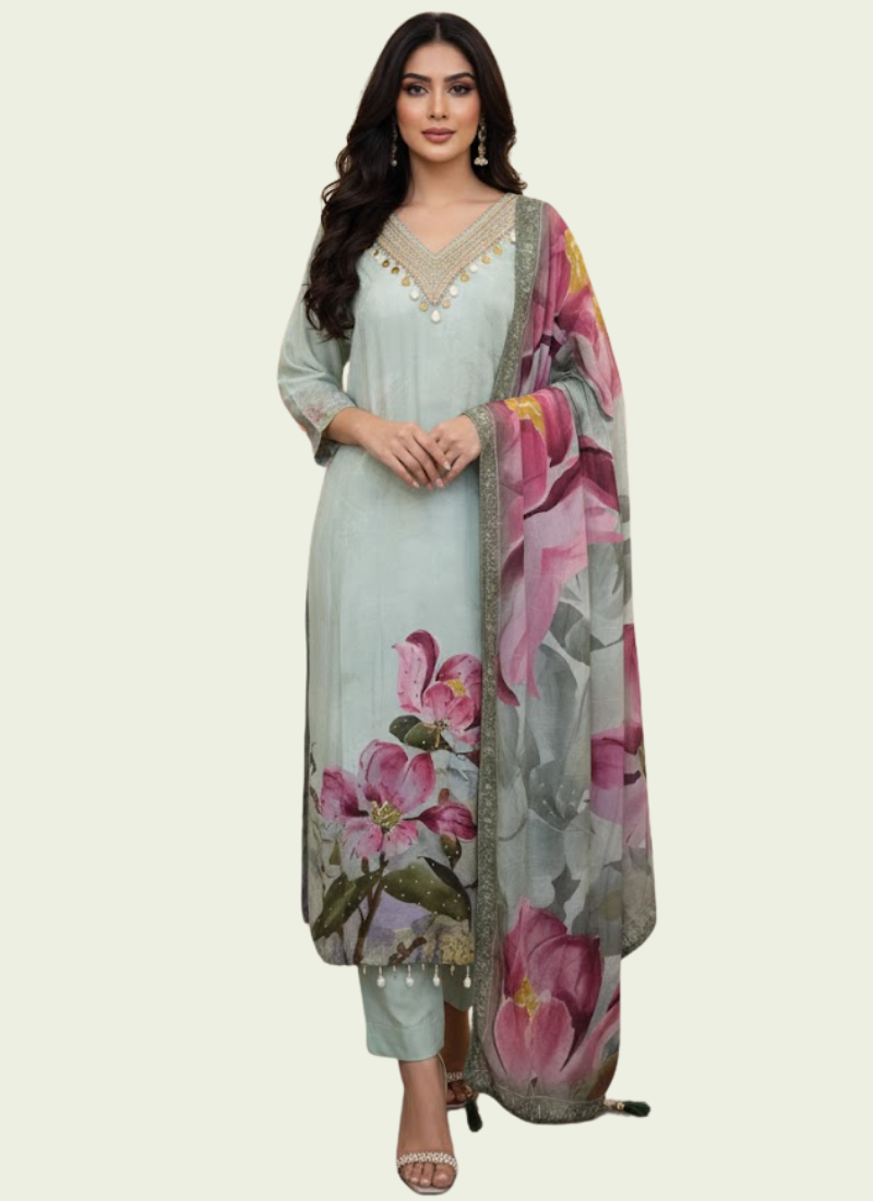 Light Purple Salwar Kameez with Embroidery & Printed Dupatta