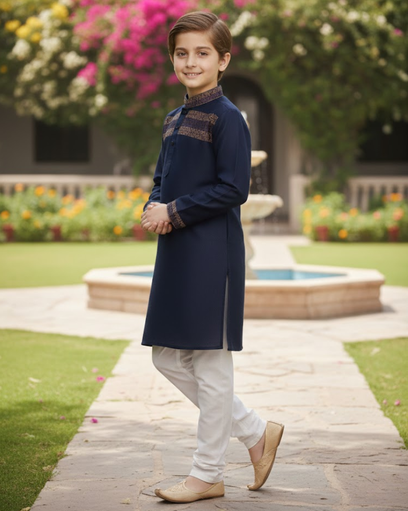 Kids Navy Blue Linen Kurta with Embroidery & White Cotton Pyjama