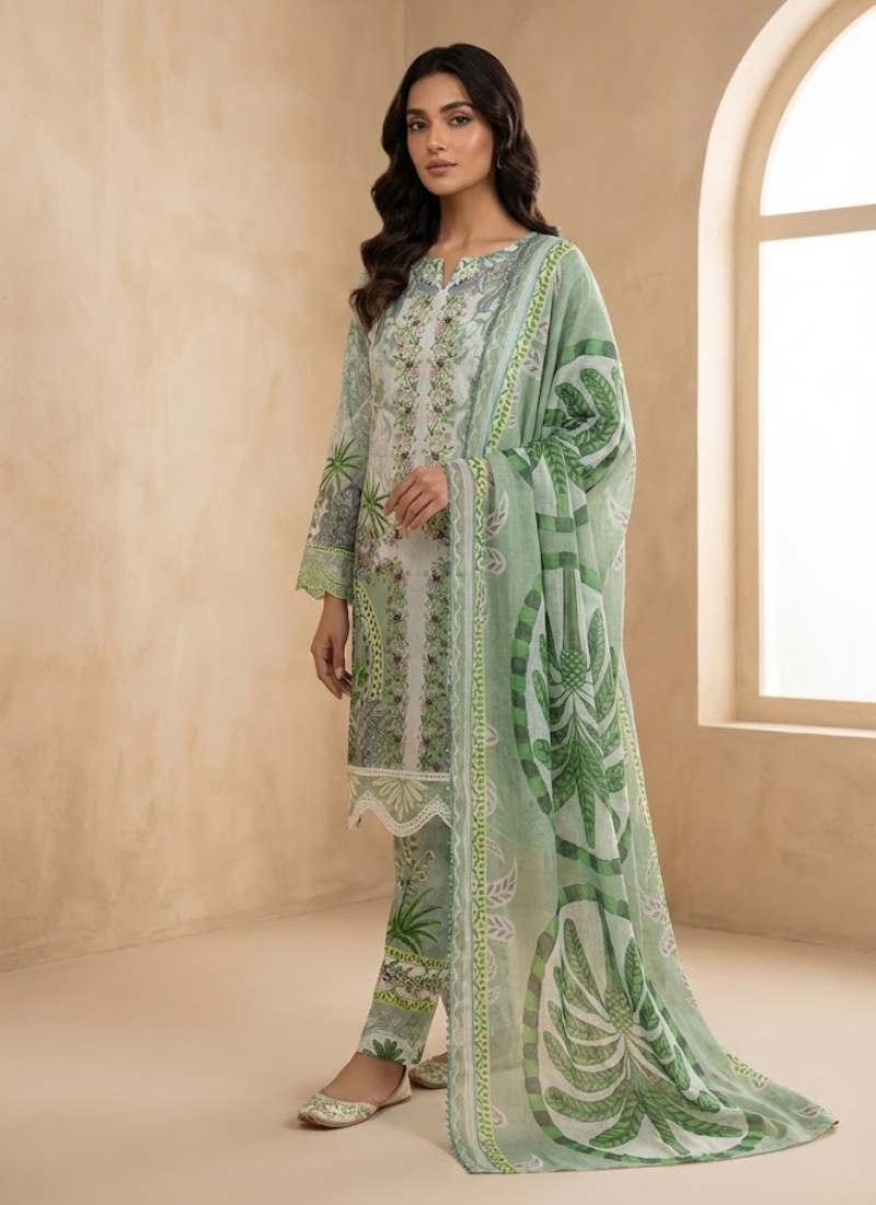 Pakistani lawn cotton salwar kameez with chiffon dupatta, lace sleeves, embroidery, tassels, and premium detailing.