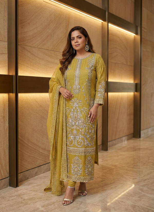 Lemon Yellow Pakistani Salwar Suit – Embroidered Organza with Dupatta - View 5