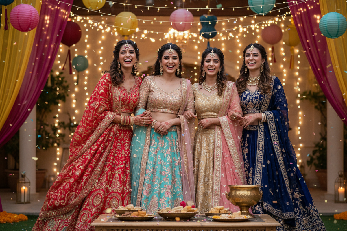 4 smiley women wearing Indian lahanga in party