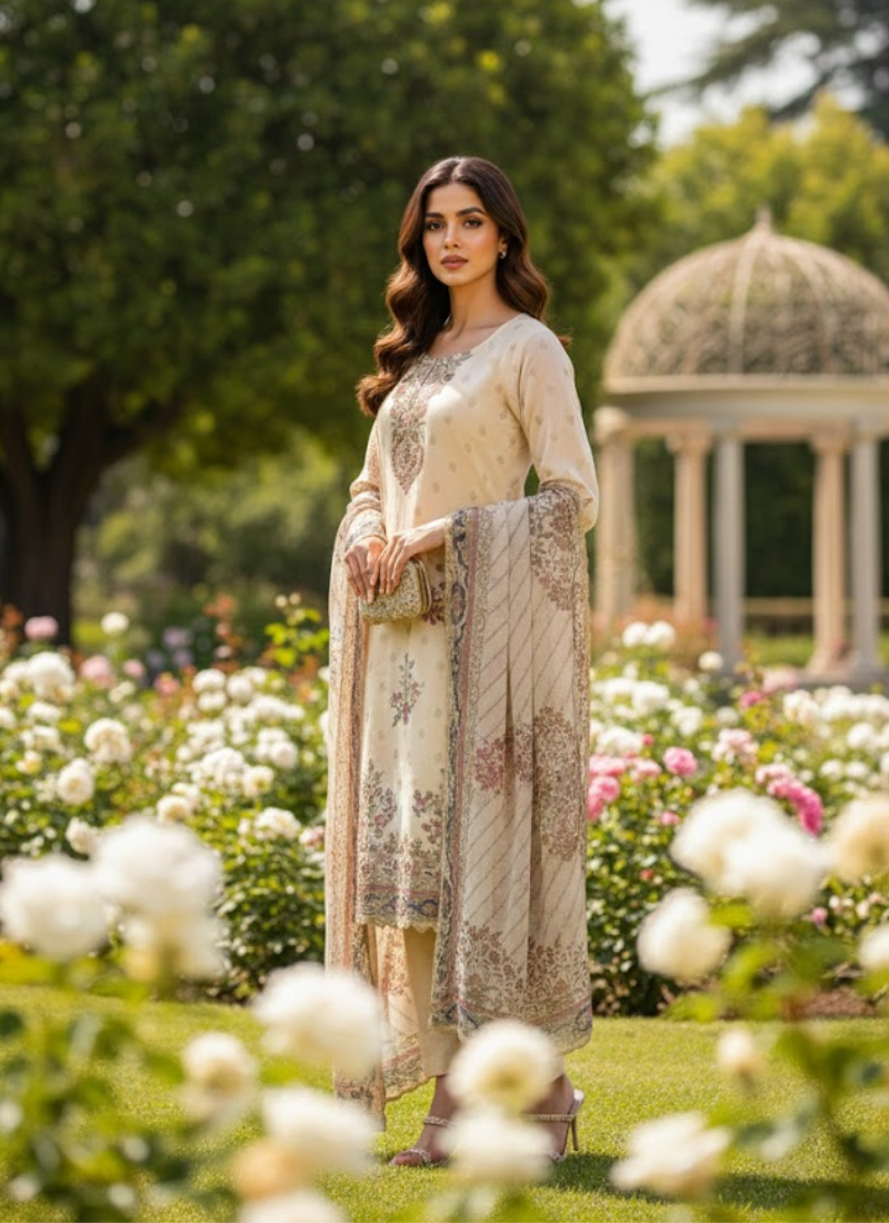 White Jamie Straight Salwar Suit with Floral Print & Chiffon Dupatta