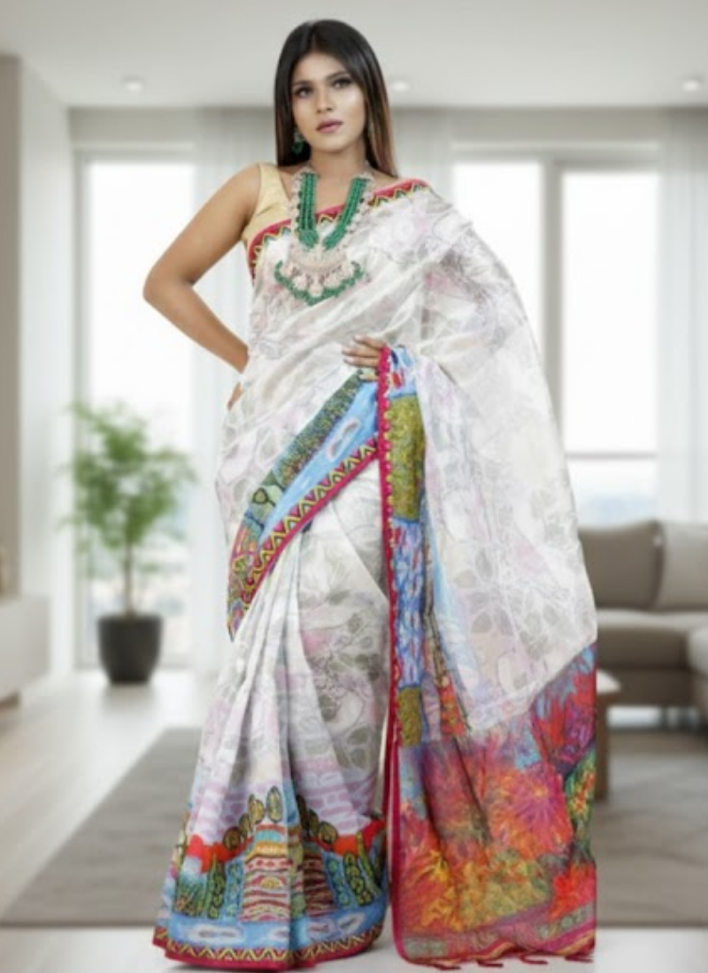 White Tashar Silk Saree – Water, Village & Floral Artistic Print