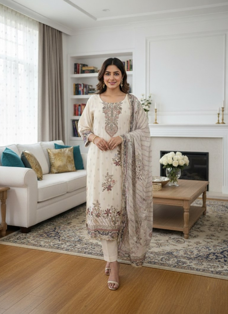 White Jamie Straight Salwar Suit with Floral Print & Chiffon Dupatta