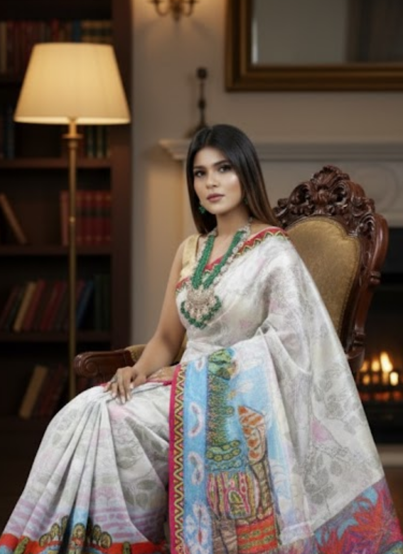 White Tashar Silk Saree – Water, Village & Floral Artistic Print