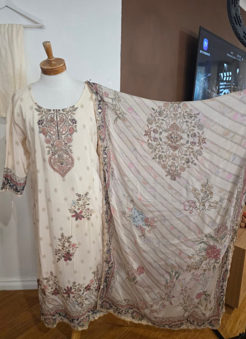 White Jamie Straight Salwar Suit with Floral Print & Chiffon Dupatta