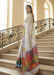 White Tashar Silk Saree – Water, Village & Floral Artistic Print 3
