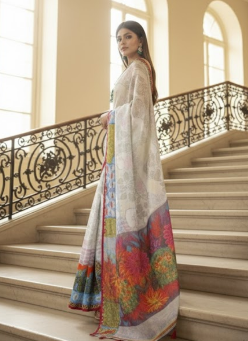 White Tashar Silk Saree – Water, Village & Floral Artistic Print