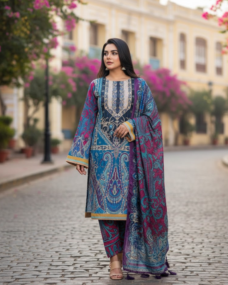 Woman in a traditional outfit with floral patterns standing on a street with buildings and flowers in the background.
