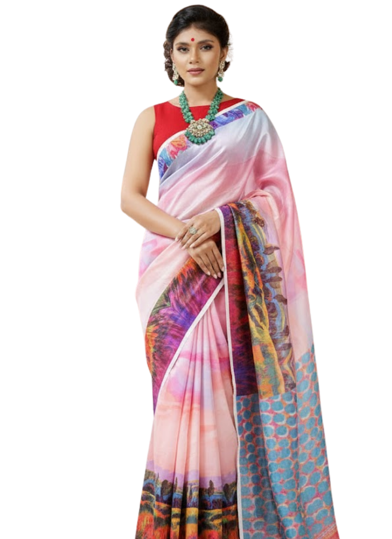 Pink Tashar Silk Saree – Forest Tree Artistic Print