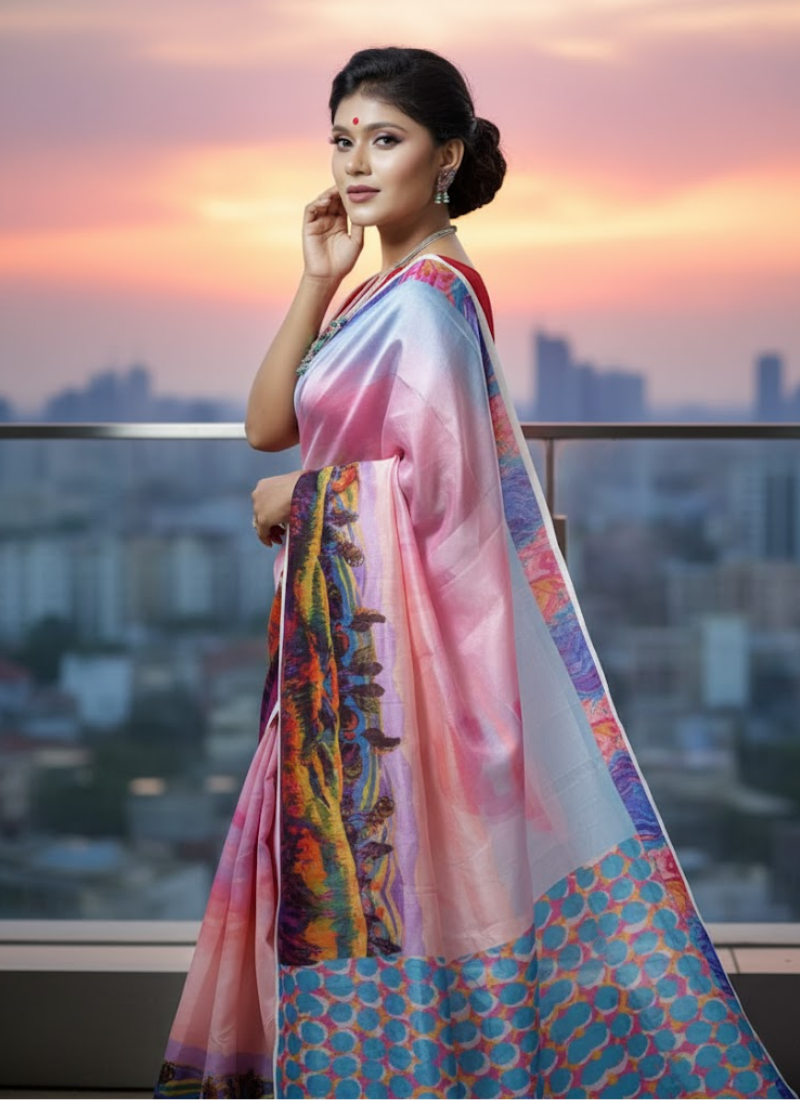 Pink Tashar Silk Saree – Forest Tree Artistic Print
