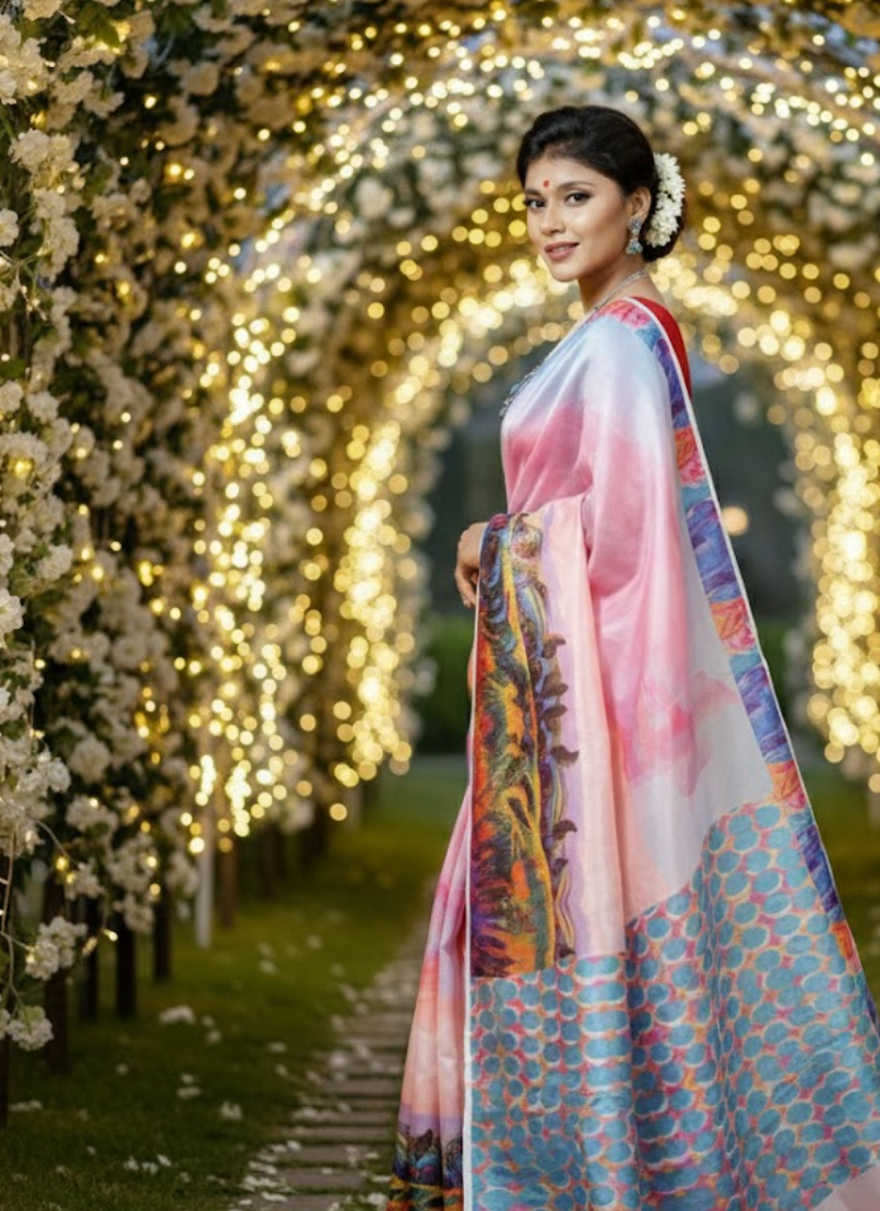 Pink Tashar Silk Saree – Forest Tree Artistic Print