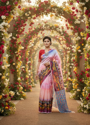 Pink Tashar Silk Saree – Forest Tree Artistic Print 4