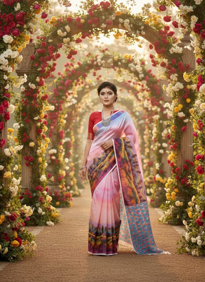 Pink Tashar Silk Saree – Forest Tree Artistic Print