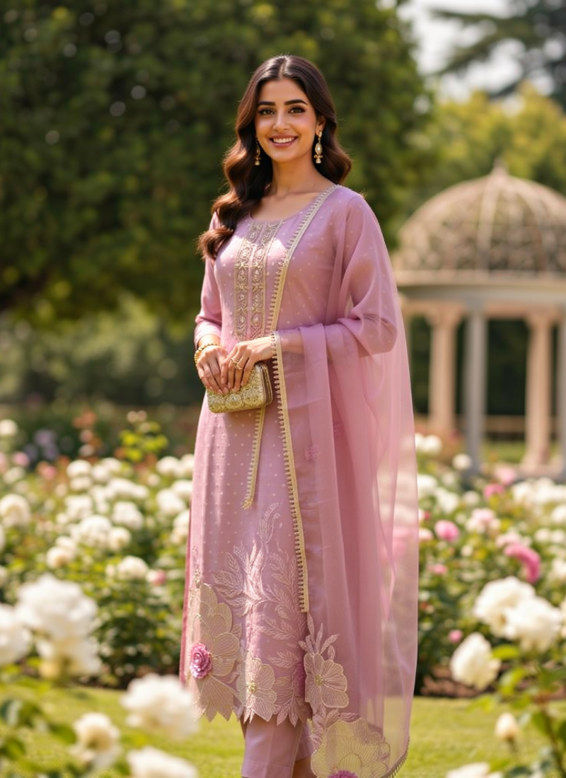 Light Purple Straight Salwar Suit with Lace & Maslin Dupatta