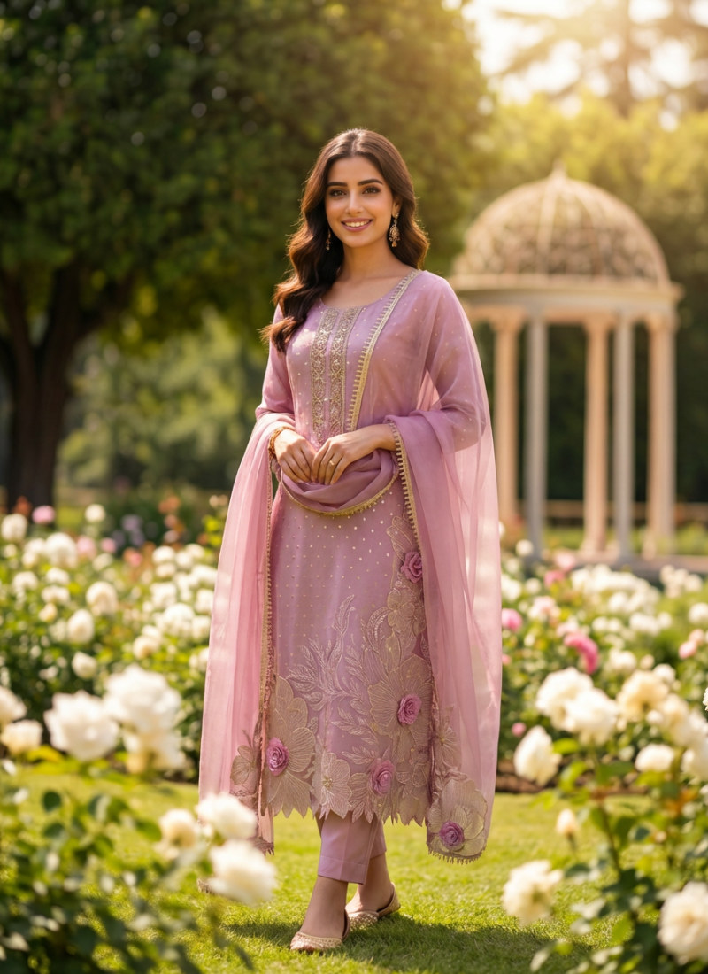 Light Purple Straight Salwar Suit with Lace & Maslin Dupatta
