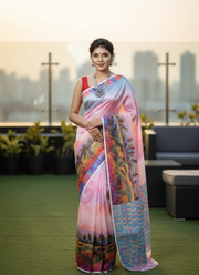 Pink Tashar Silk Saree – Forest Tree Artistic Print 3