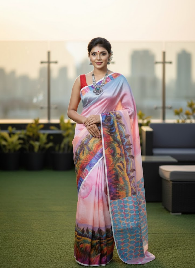 Pink Tashar Silk Saree – Forest Tree Artistic Print