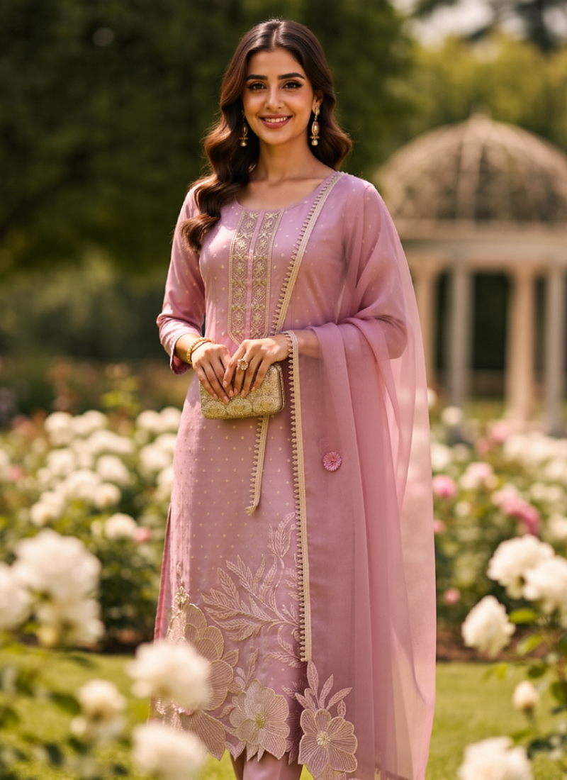 Light Purple Straight Salwar Suit with Lace & Maslin Dupatta