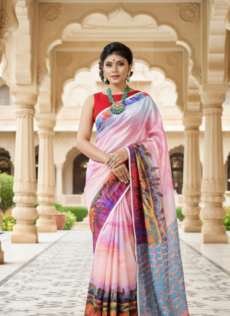 Pink Tashar Silk Saree – Forest Tree Artistic Print