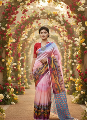 Pink Tashar Silk Saree – Forest Tree Artistic Print 5