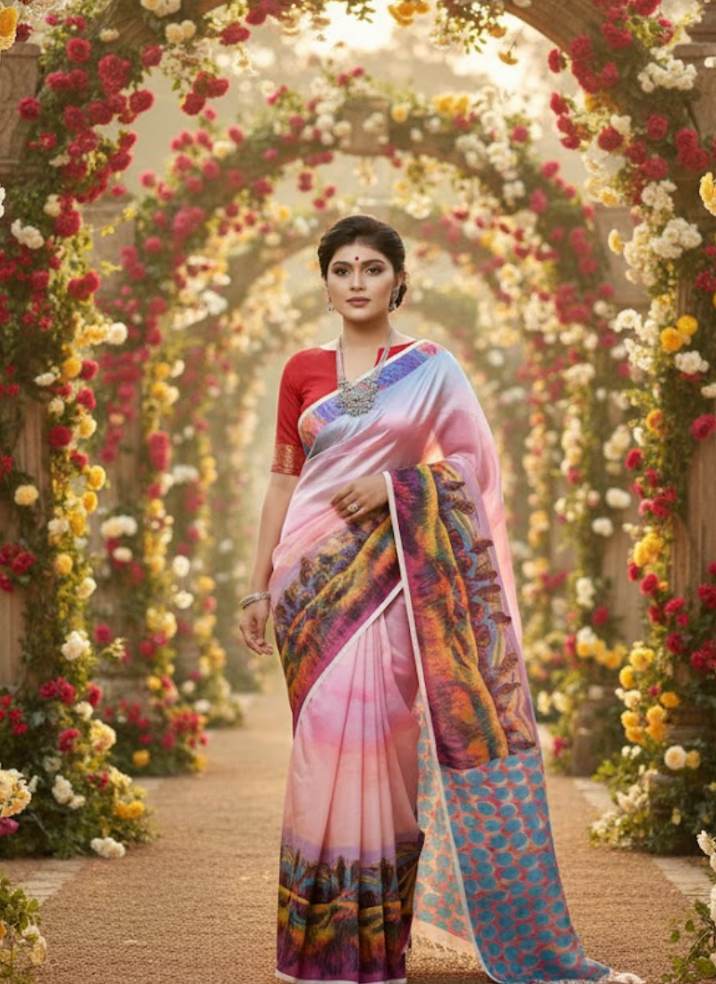 Pink Tashar Silk Saree – Forest Tree Artistic Print