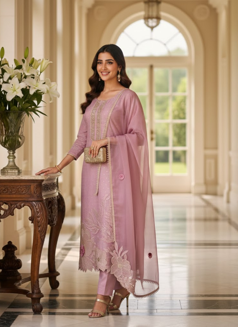 Light Purple Straight Salwar Suit with Lace & Maslin Dupatta