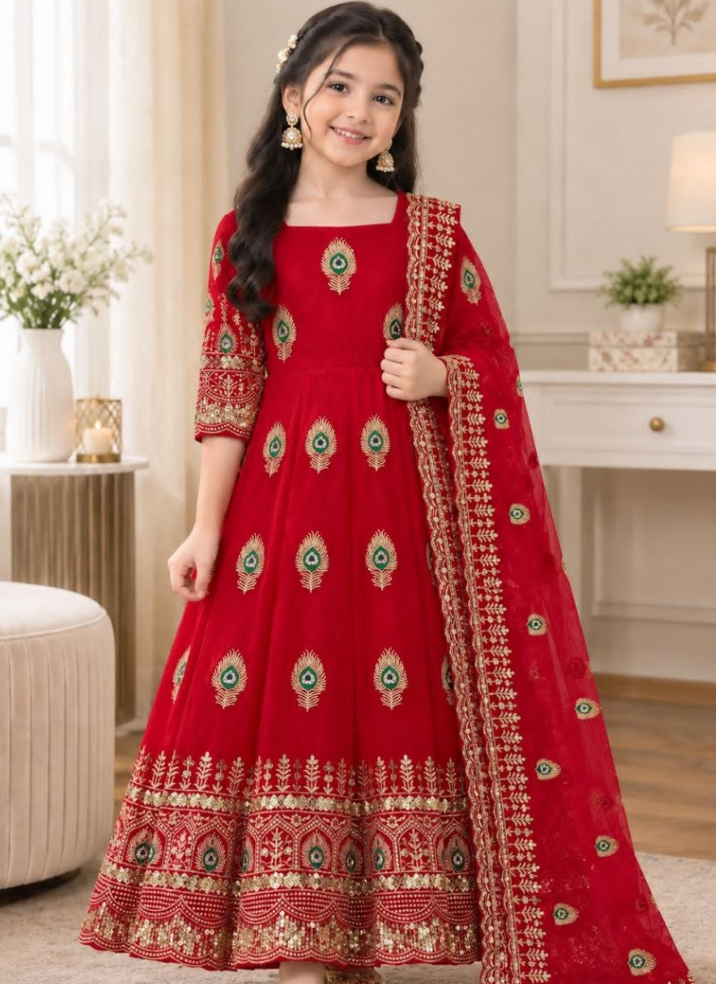 Kids Fendi Silk Embroidered Designer Gown Set - Indian Children Outfit Australia
