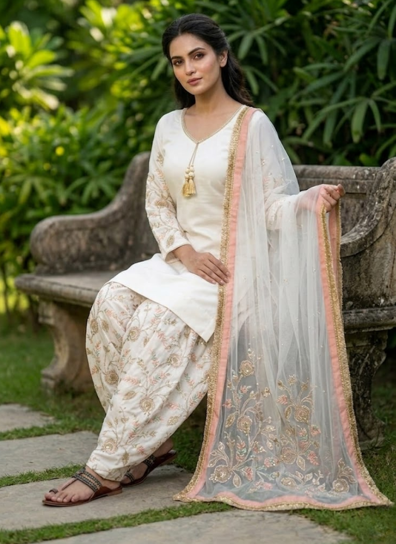 Glass Satin Palazzo Set with Organza Dupatta - View 5