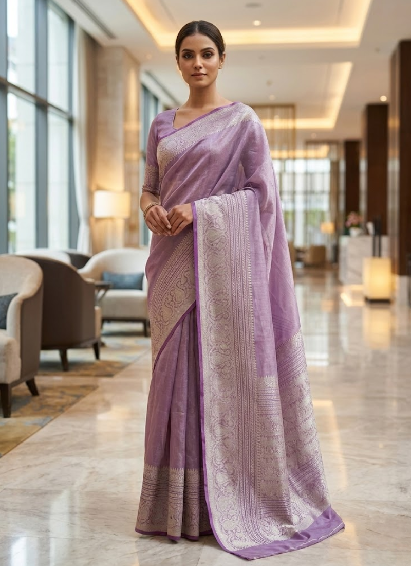 Light Onion Banarasi Tissue Silk Saree with Blouse Piece