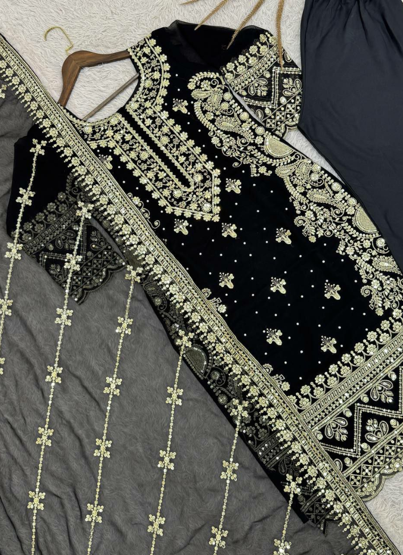 Faux Georgette Straight Punjabi Suit with Sequins & Moti Embroidery + Dupatta