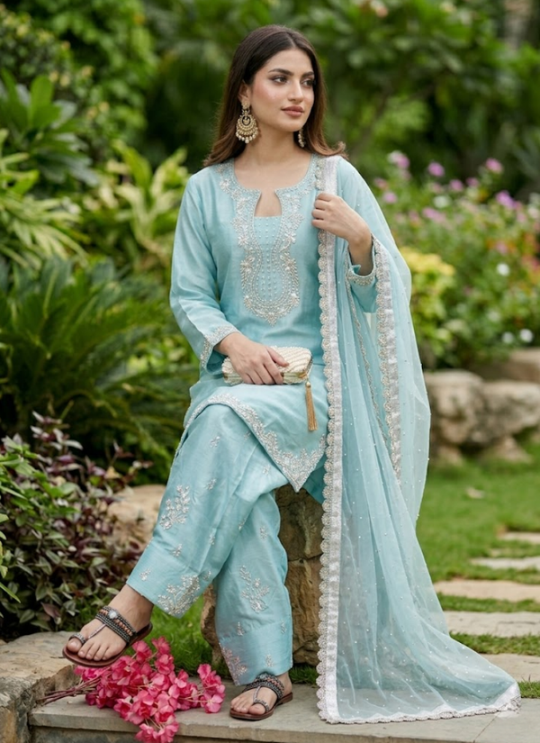 Roman Silk Palazzo Set with Organza Dupatta