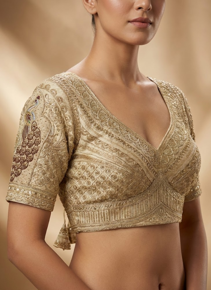 Roman Silk Women’s Blouse with Heavy Embroidery & Back‑Open Design