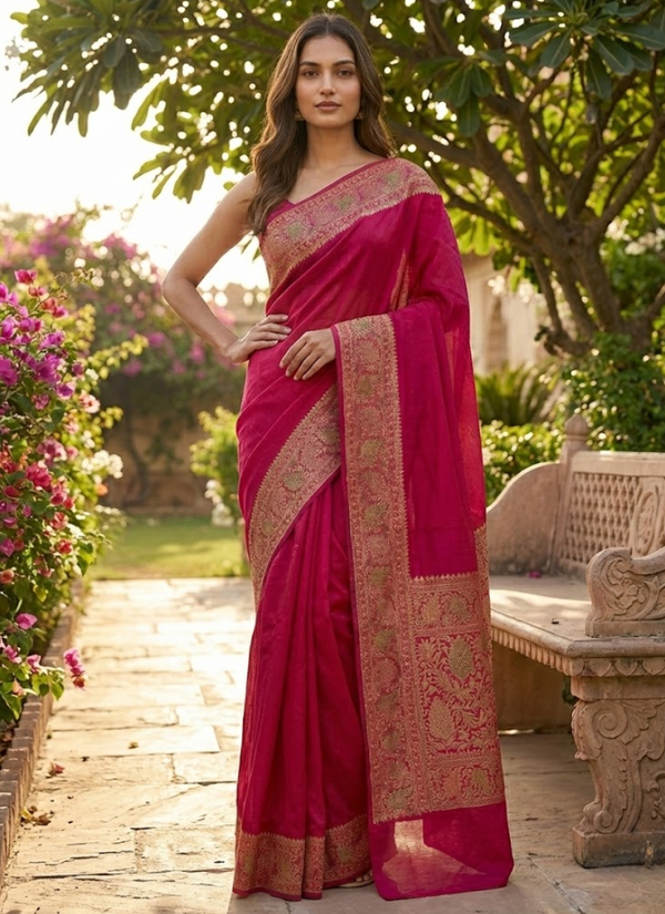 Magenta Color Banarasi Silk Saree – Mina Work with Blouse Piece