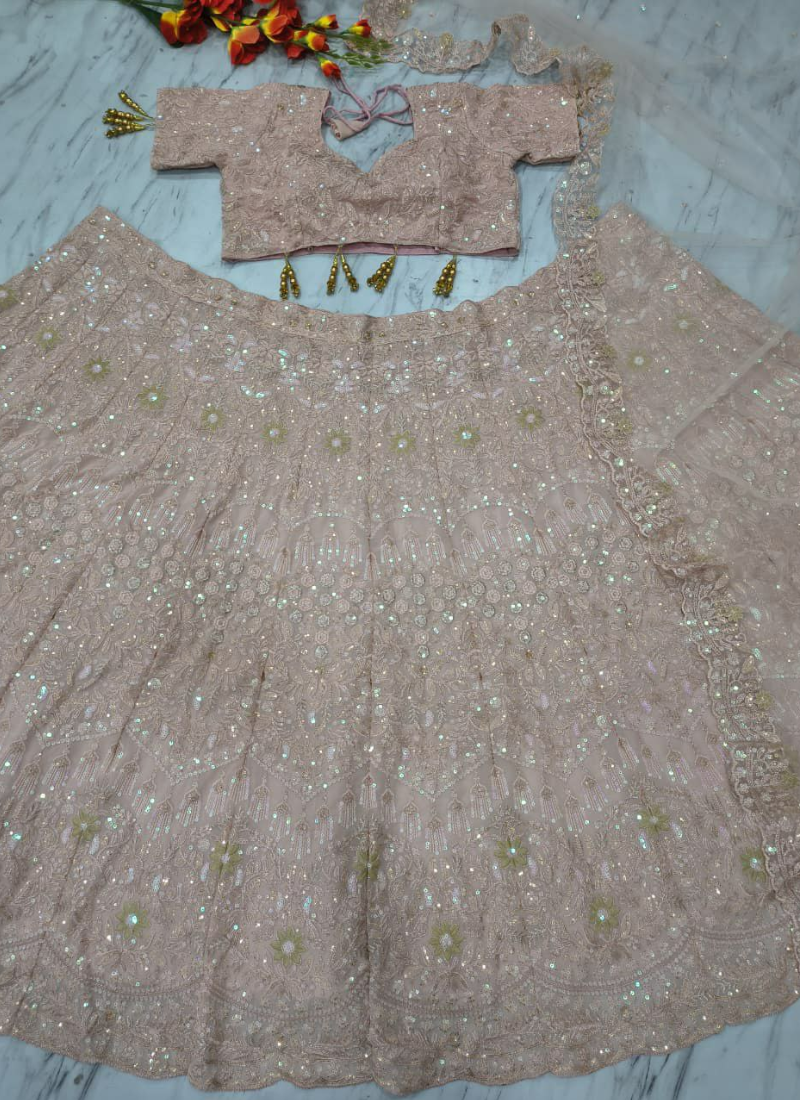 Pink Faux Georgette Bridal Lehenga Choli with Sequins & Dori Embroidery + Net Dupatta