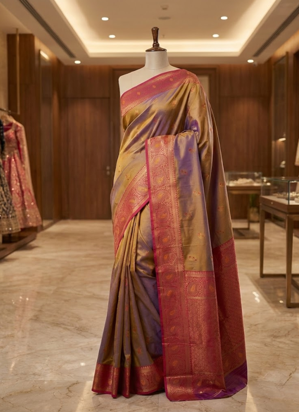 Bronze Gold Katan Silk Saree – Dual Tone