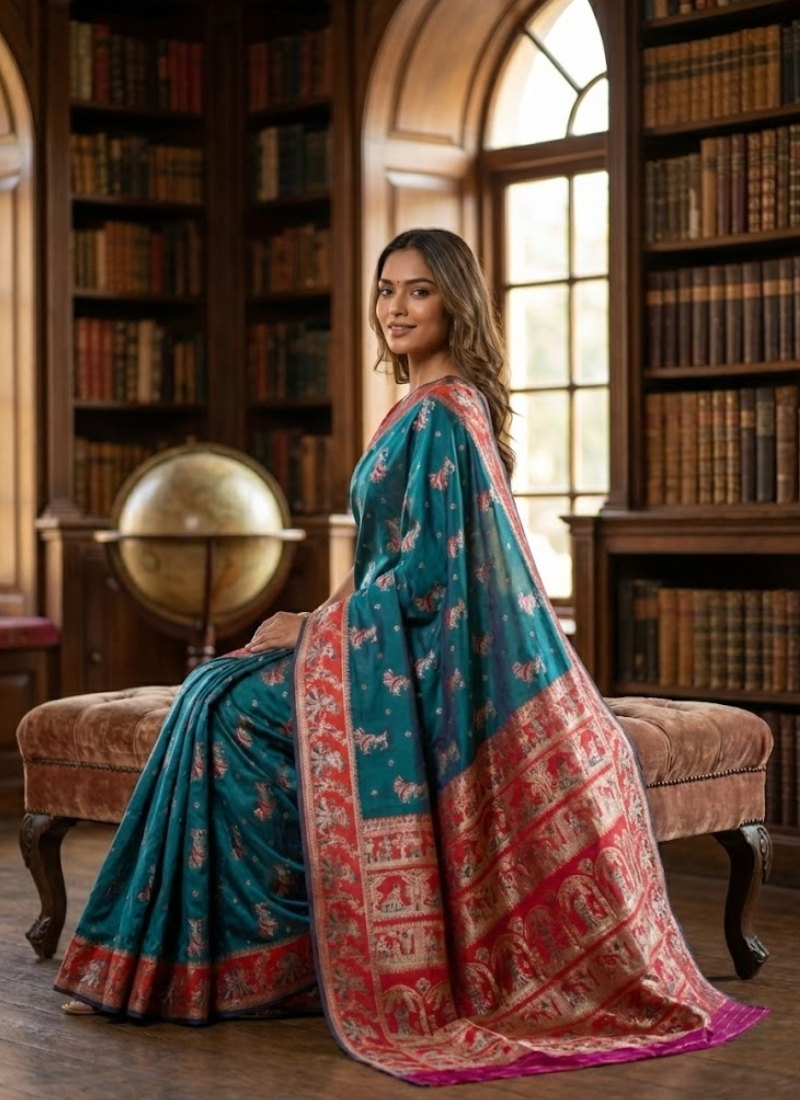 Sharnachura Silk Saree – Sea Green Zari with Blouse Piece