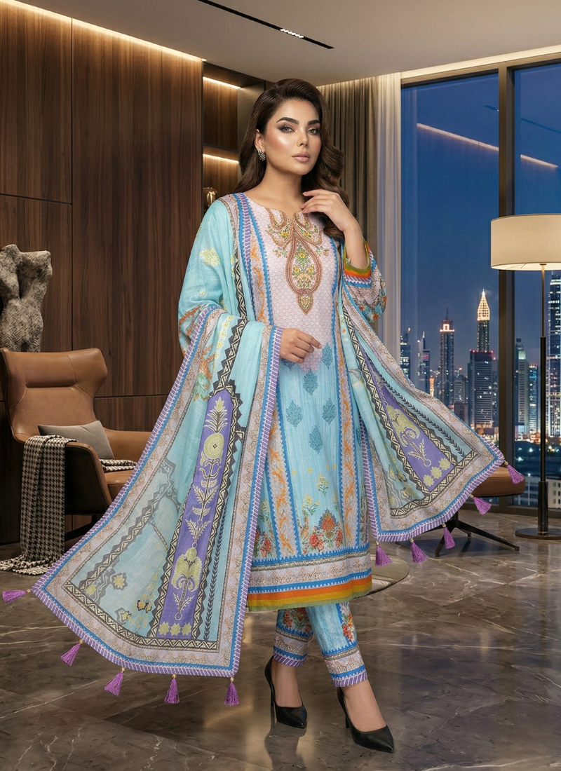 Sky Blue Chinon Silk Salwar Suit with Pearl Work - View 4