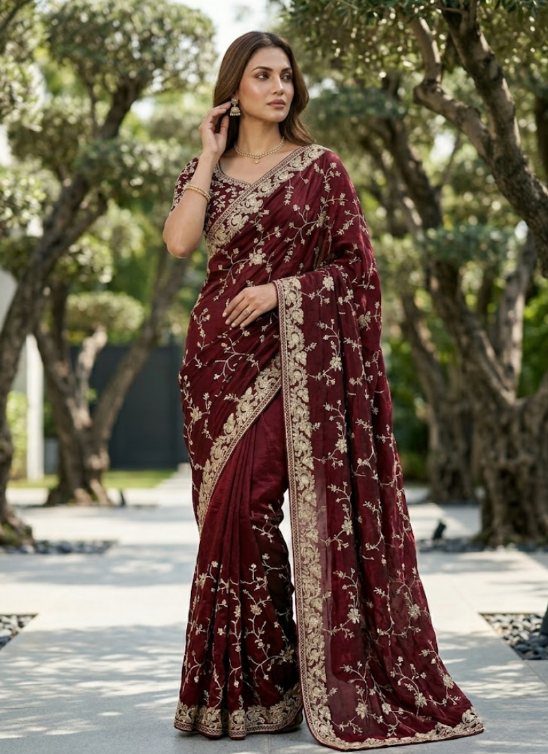 Space Silk Saree – Sequin & Zari Embroidery with Matching Blouse