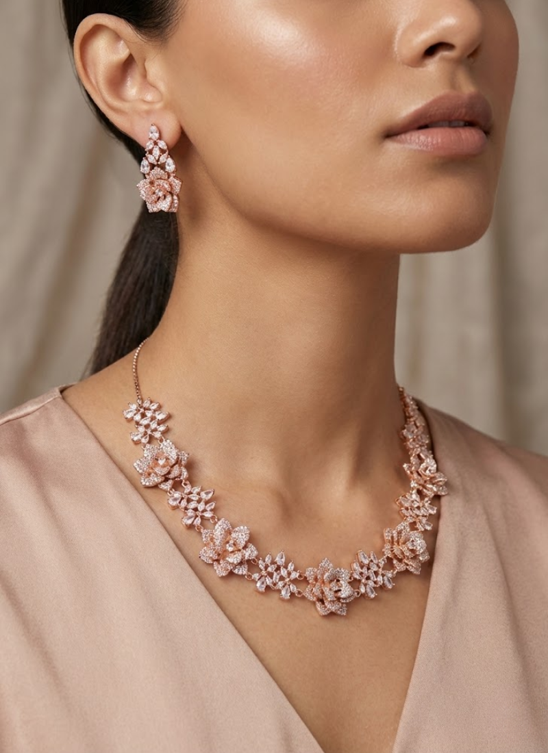 Luxury diamond cut necklace and earring set with rose gold polish, perfect for weddings and festive occasions.