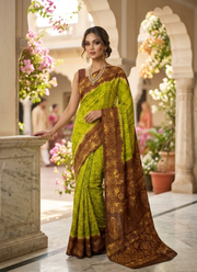 Parrot Green & Yellow Batik Print Saree 4