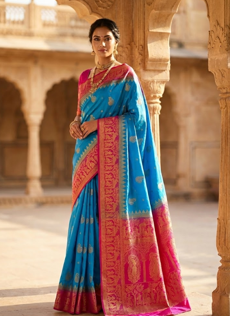 Bangalore Baluchari Silk Saree – Firozi Blue & Magenta | Online store