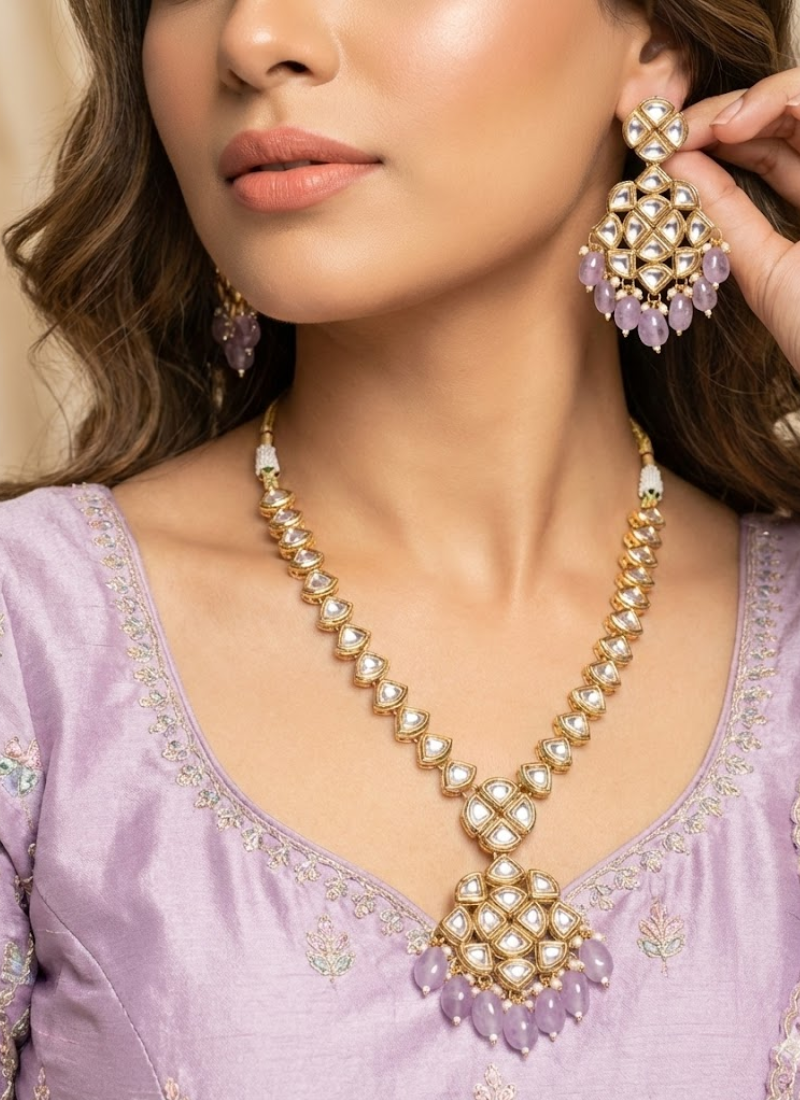 Kundan Necklace Set with Earrings – Purple Beads
