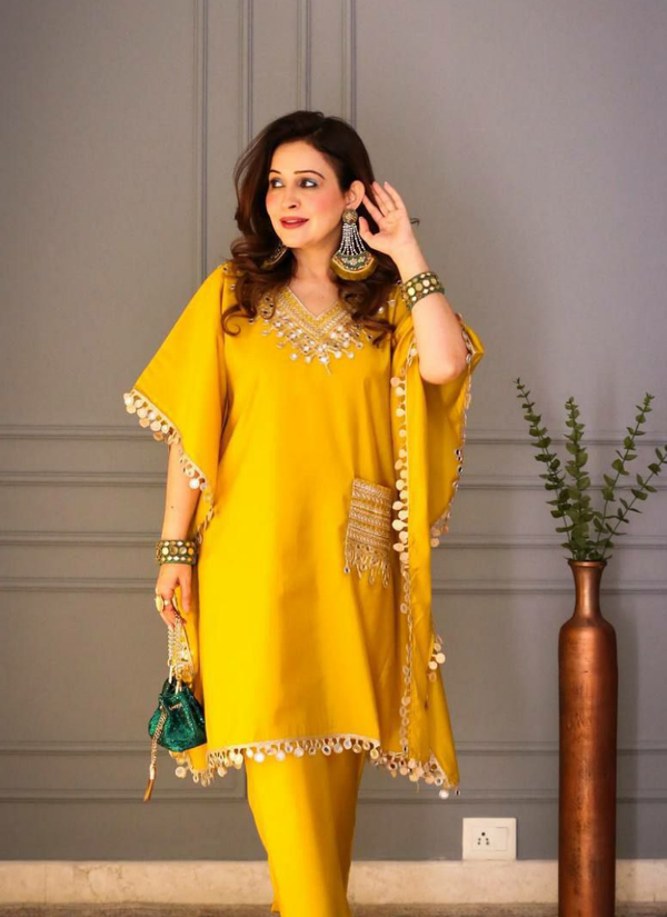Devsena Satin Kaftan Set with Mirror Work