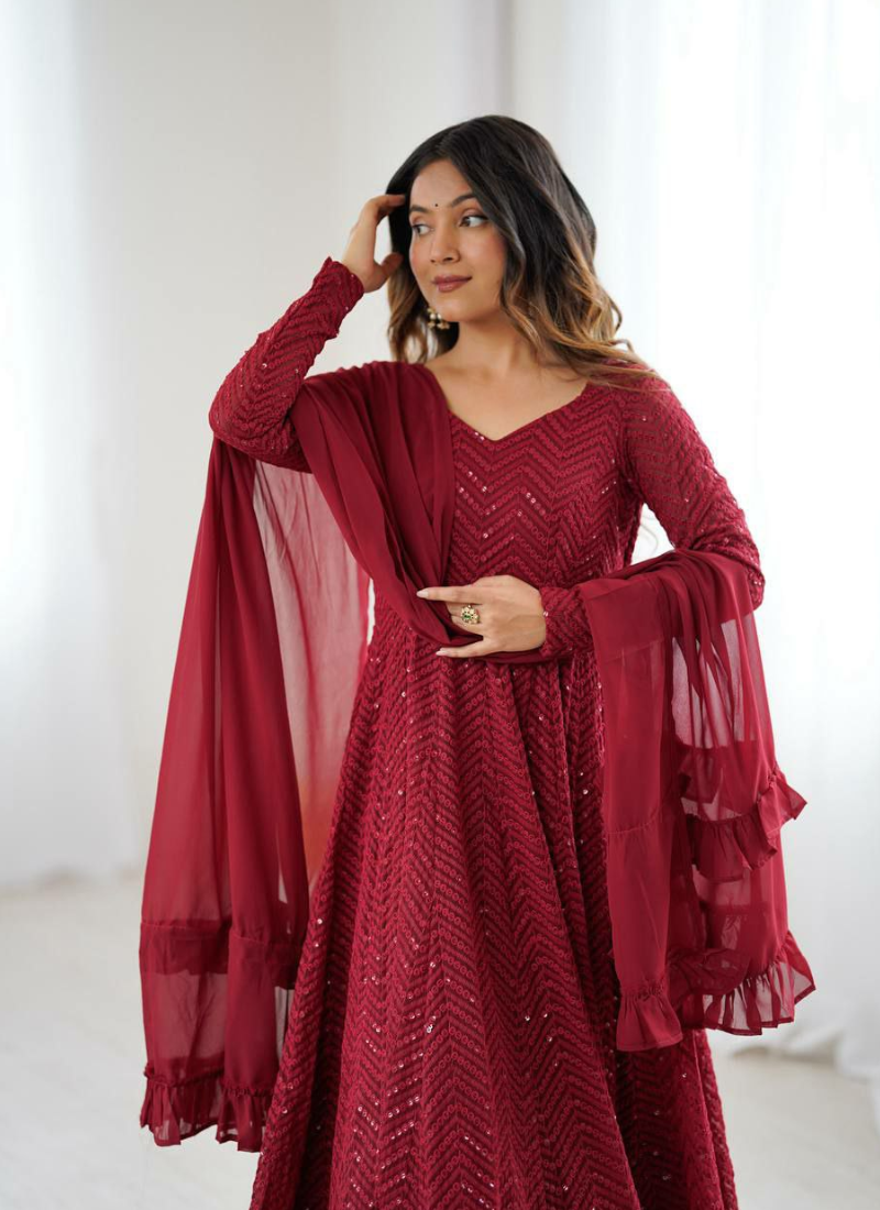 Fox Georgette Lucknowi Anarkali Gown with Sequins & Ruffle Dupatta
