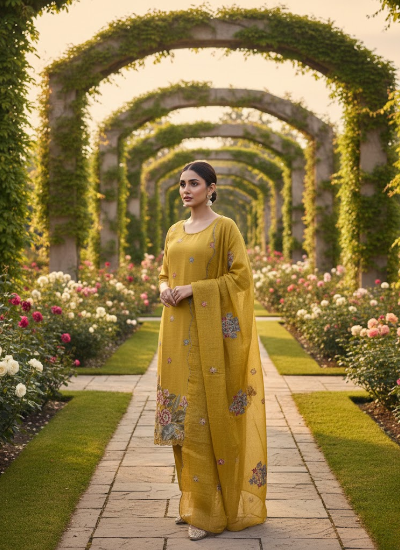 Crepe Silk Salwar Suit – Gold Yellow with Floral Embroidery
