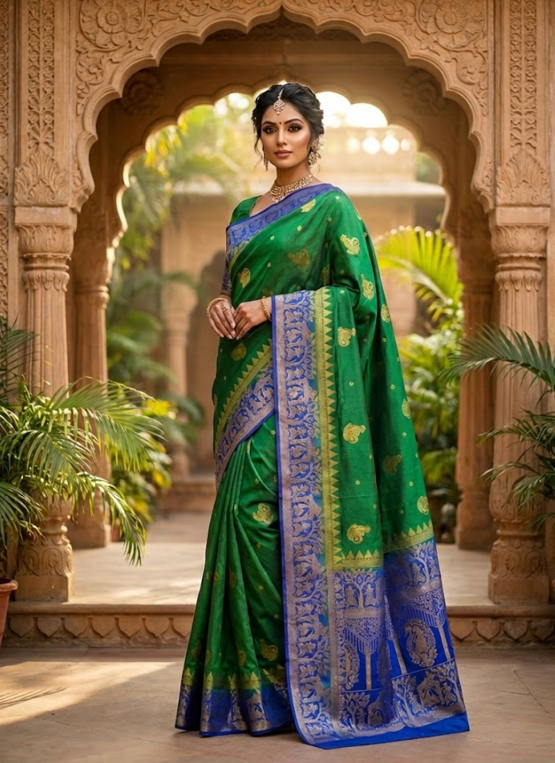Bangalori Baluchuri Silk Saree – Green & Blue with Blouse Piece